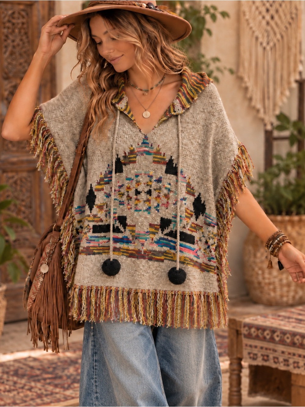 JODIFL Beige Multicolor Fringe Hooded Poncho size Small